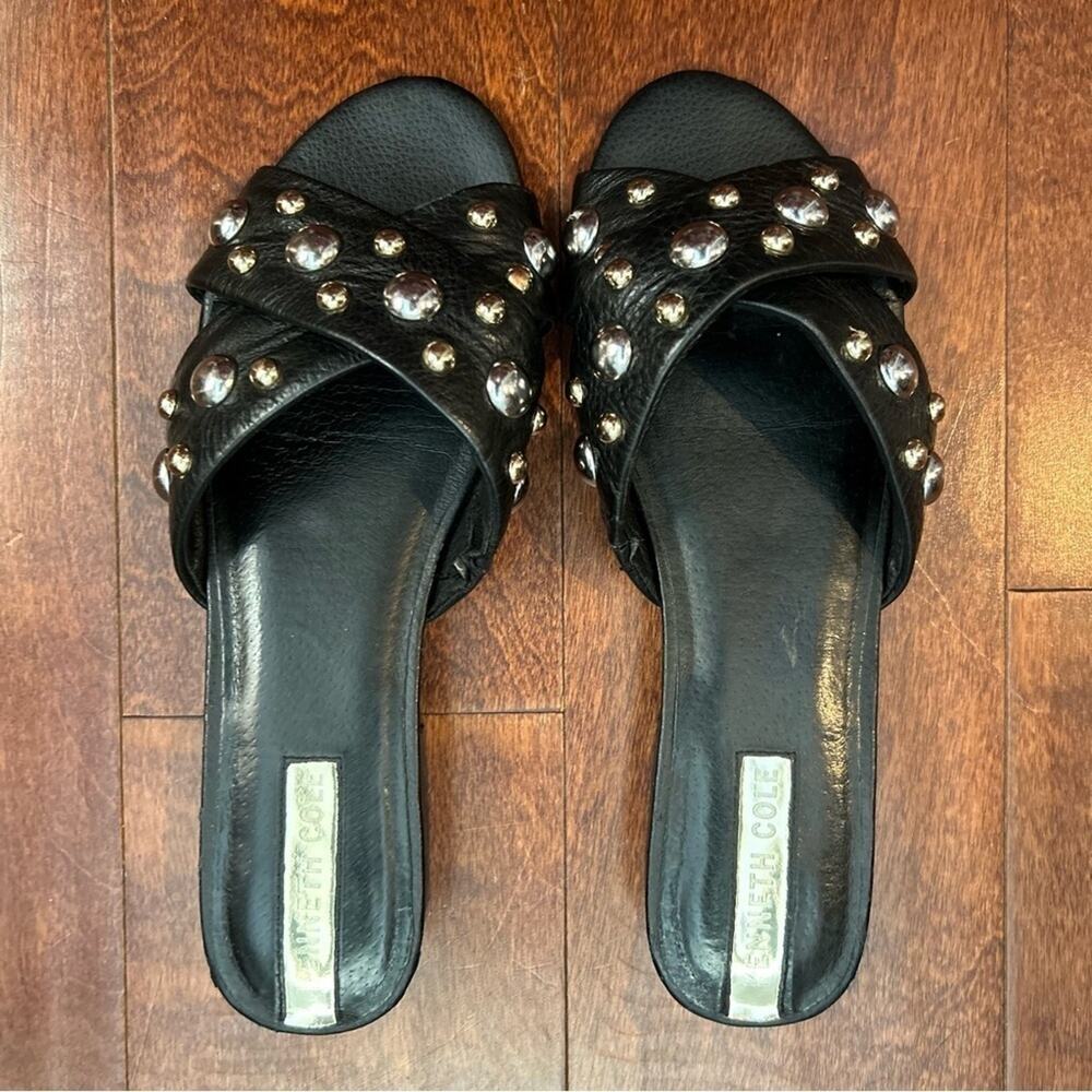 Kenneth Cole Verna Stud Slides in Black Leather, Mixed Metal, Size 7